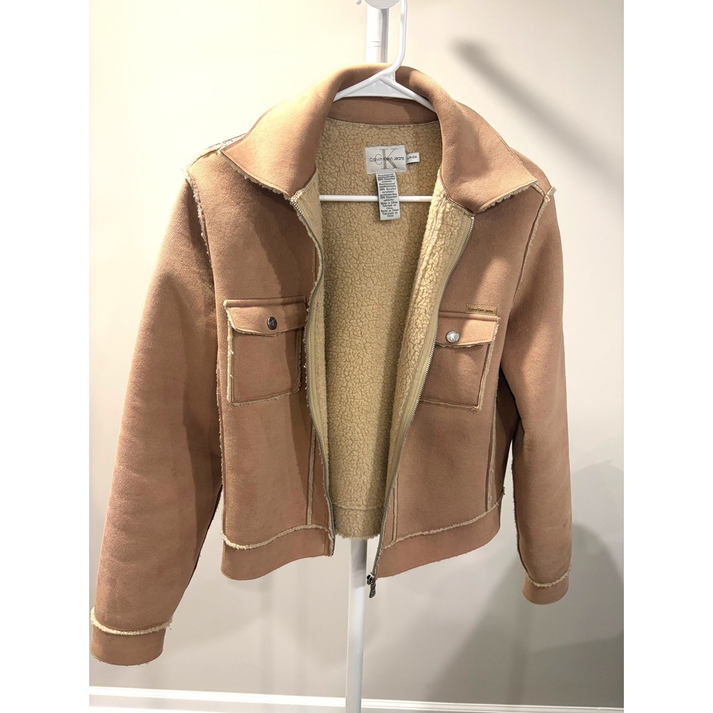 Calvin Klein Faux Suede Shearling Jacket Women Tan Y2K 90s Vintage Western Boho